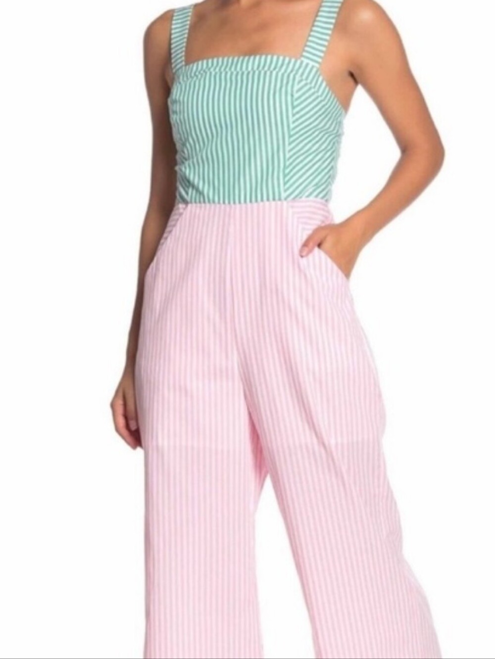 BCBGeneration Mint and Pink Striped Square-Neck Jumpsuit, Size 12